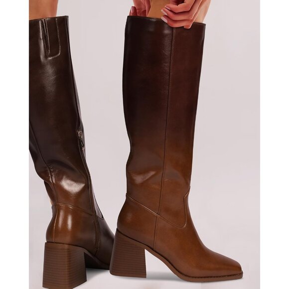 Women Ombre Polyurethane Knee High Square Toe Side Zipper Block Heel Boot - Picture 4 of 9